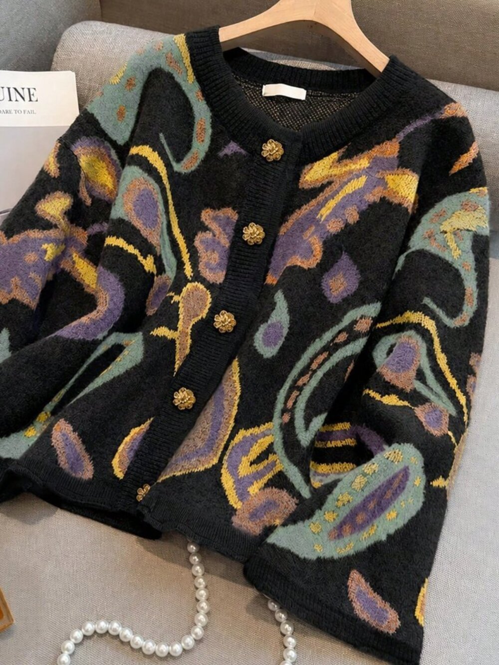 Black Casual Women's Plus Size Multi-Color Button Round Neck Knitted Cardigan - Picture 6 of 8